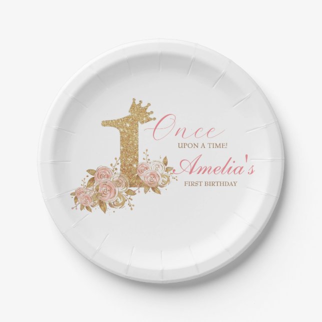 Pink Gold Crown Princess First Birthday Party  Paper Plate (Front)
