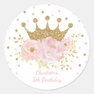 Pink Gold Crown Princess Floral Birthday Baby Girl Classic Round Sticker