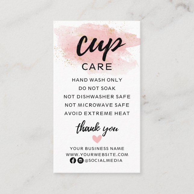 Pink Gold Cup Care Instructions Business Card (Front)