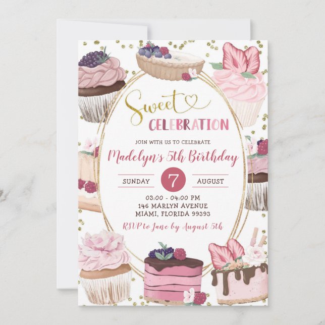 Pink Gold Cupcake Sweet Celebration Girl Birthday Invitation (Front)