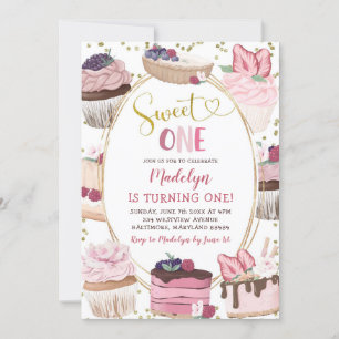 Pink Gold Cupcake Sweet One Birthday Invitation