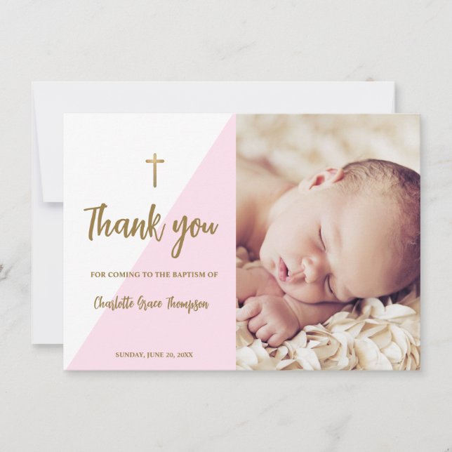 Pink Gold Custom Baby Girl Baptism  Thank You Card (Front)