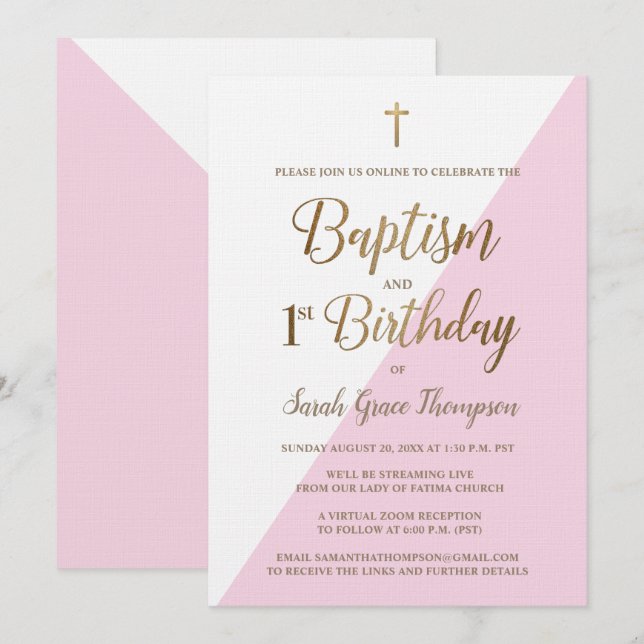 Pink Gold Custom virtual baptism first birthday Invitation (Front/Back)