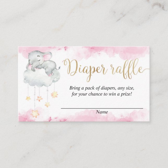 Pink gold cute baby elephant diaper raffle cards (Front)