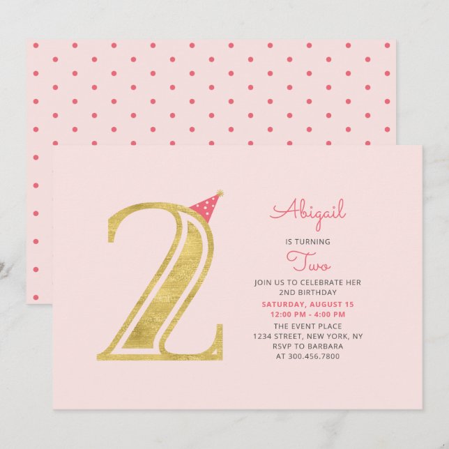Pink & Gold |  Cute Modern Girl 2nd Birthday Party Invitation (Front/Back)