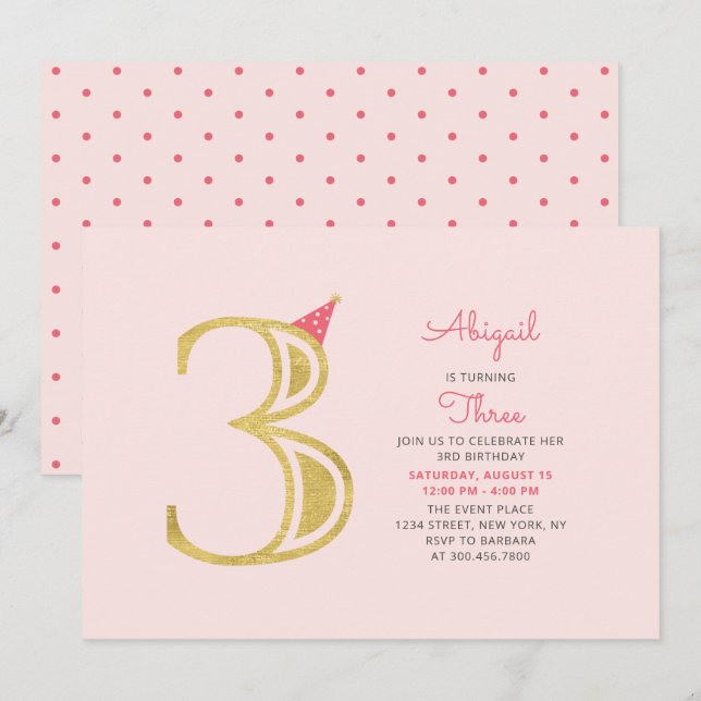 Pink & Gold |  Cute Modern Girl 3rd Birthday Party Invitation (Front/Back)