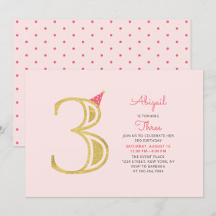 Pink & Gold    Cute Modern Girl 3rd Birthday Party Invitation