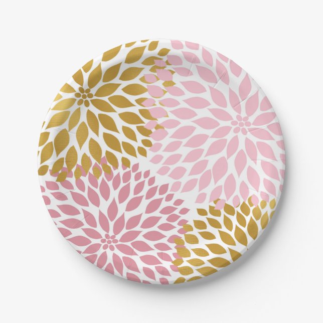 Pink Gold Dahlia Floral Paper plates (Front)