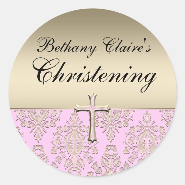 Pink & Gold Damask Christening Sticker (Front)