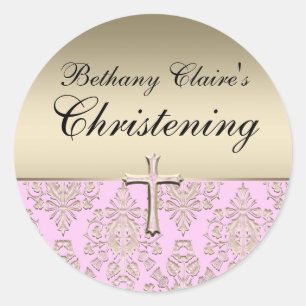 Pink & Gold Damask Christening Sticker