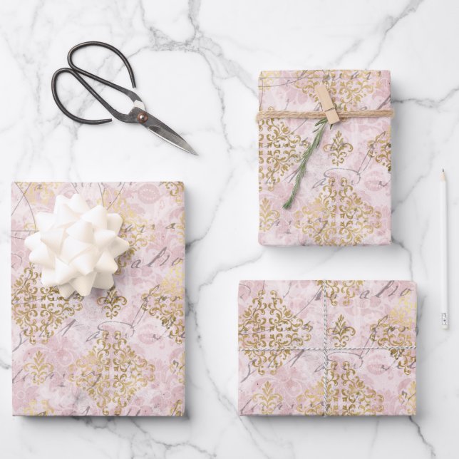 Pink Gold Damask Ephemera Digital Collage Wrapping Paper Sheet (Front)