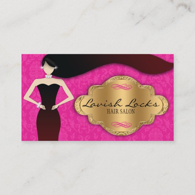 Pink Gold Damask Hair Stylist Salon Business Card (Front)