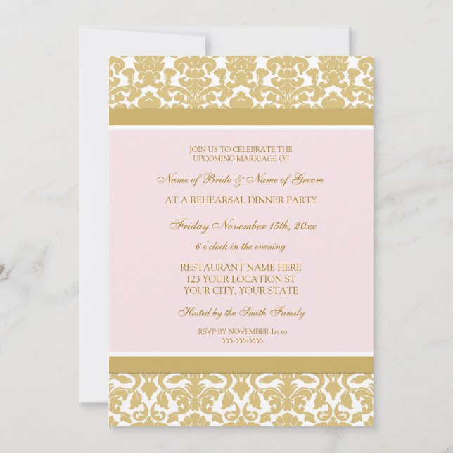 Pink Gold Damask Rehearsal Dinner Party Invitation (Back)