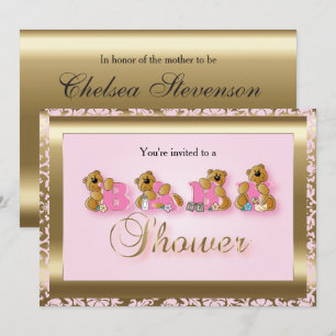 Pink & Gold Damask with Teddy Bears Baby Shower Invitation