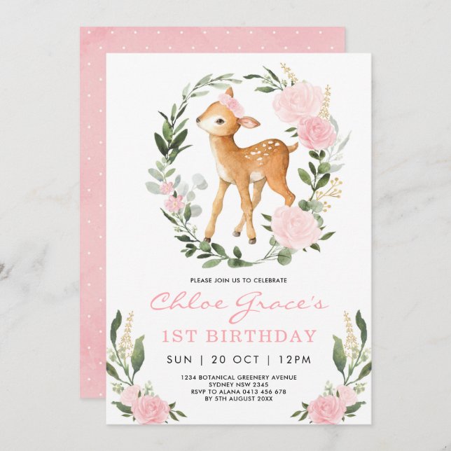 Pink Gold Deer Simple Greenery Forest Birthday Invitation (Front/Back)