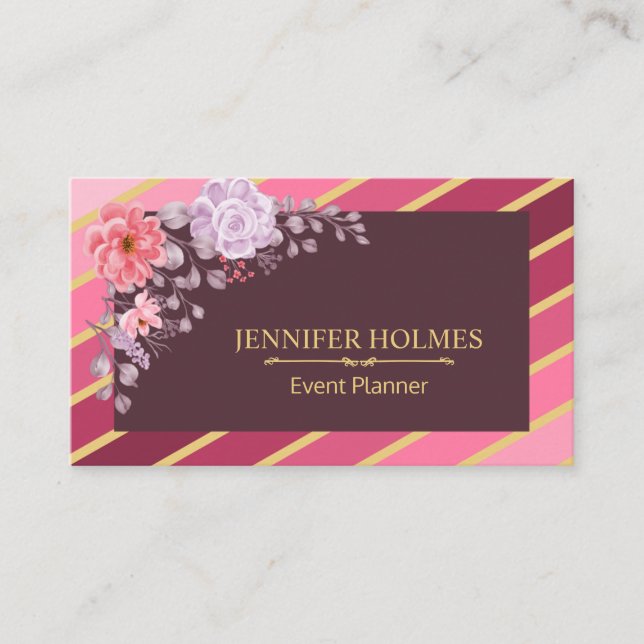 Pink Gold Diagonal Stripes Floral Event Planner  Business Card (Front)