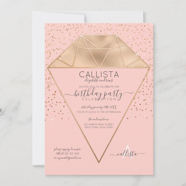 Pink Gold Diamond Confetti Glitter Birthday Invitation (Front)