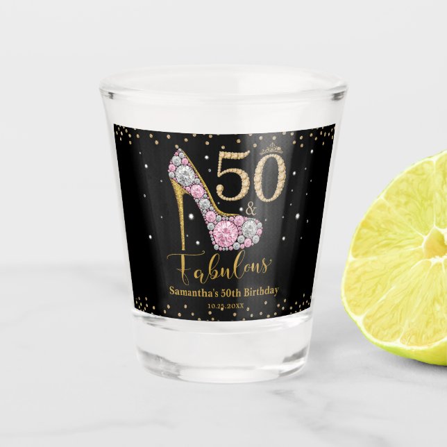 Pink Gold Diamond Fifty and Fabulous 50th Birthday Shot Glass (Front)