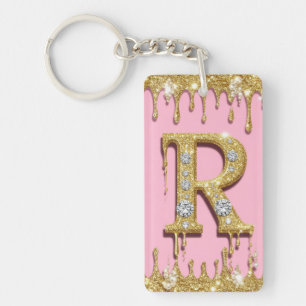 Pink Gold Diamond Initial R Letter Gift Key Ring