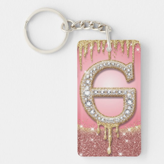 Pink Gold Diamond Letter G Initial Gift For Her Key Ring (Front)