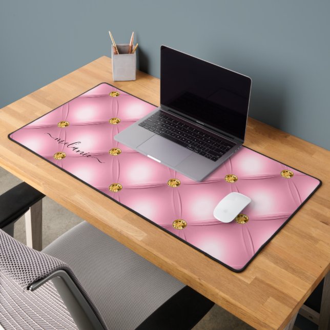 Pink Gold Diamond Tufted Desk Mat with Your Name (Office 2)
