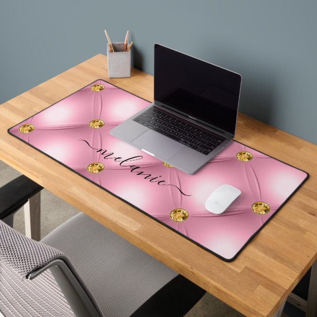 Pink Gold Diamond Tufted Your Name Desk Mat (Office 2)