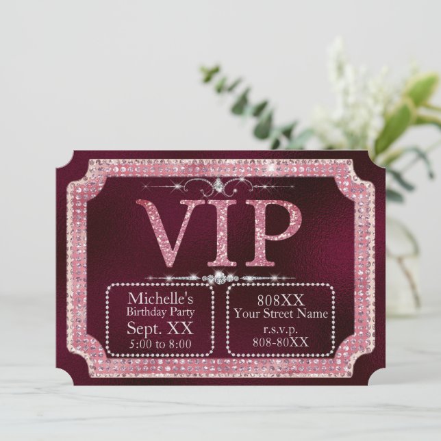 Pink & Gold Diamonds Glitter Burgundy VIP Ticket Invitation (Standing Front)