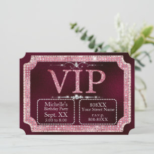 Pink & Gold Diamonds Glitter Burgundy VIP Ticket Invitation