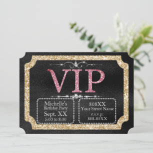 Pink & Gold Diamonds Glitter on Black VIP Ticket Invitation