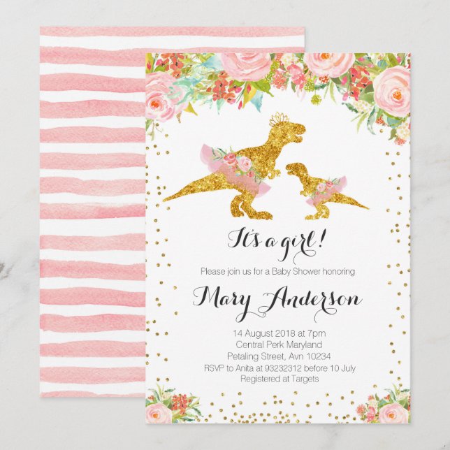 Pink Gold Dino Girl Baby Shower Invite (Front/Back)