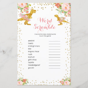 Pink Gold Dino Girl Watercolor Word Scramble Game