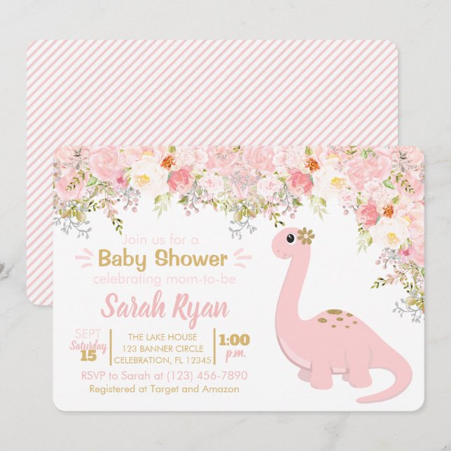 Pink & Gold Dinosaur Floral Girl Baby Shower Invitation (Front/Back)