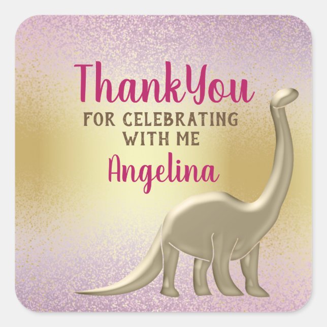Pink Gold Dinosaur Girl Birthday  Square Sticker (Front)