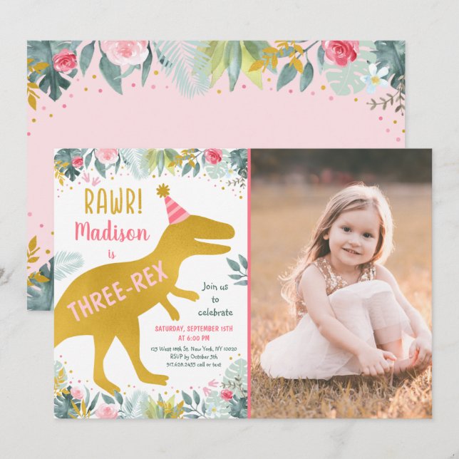 Pink Gold Dinosaur Three Rex Birthday Invitation (Front/Back)