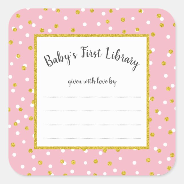 Pink gold dot baby shower bookplate for girl square sticker (Front)