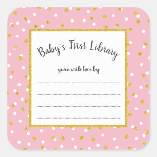 Pink gold dot baby shower bookplate for girl square sticker