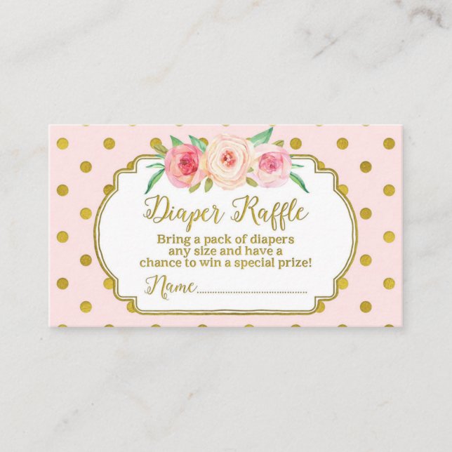 Pink Gold Dots Baby Shower Diaper Raffle Card (Front)