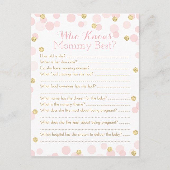 Pink Gold Dots Baby Shower Mummy Quiz Invitation Postcard (Front)