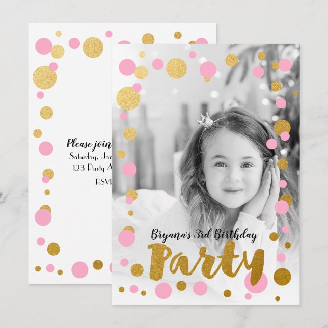 Pink & Gold Dots Birthday Party Photo Invitation (Front/Back)