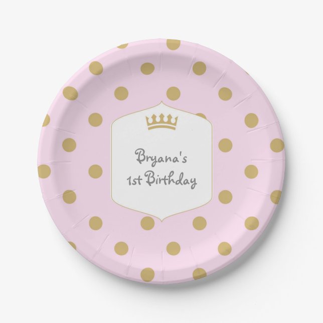 Pink & Gold Dots Royal Crown Princess Party Plates (Front)