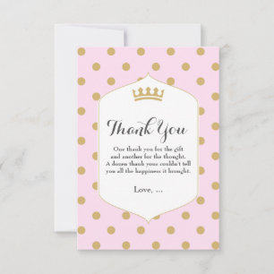 Pink & Gold Dots Royal Crown Princess Thank You Card