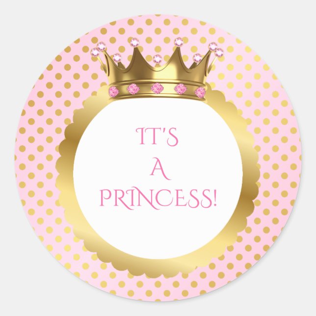 Pink & Gold Dots Royal Princess Crown Classic Round Sticker (Front)