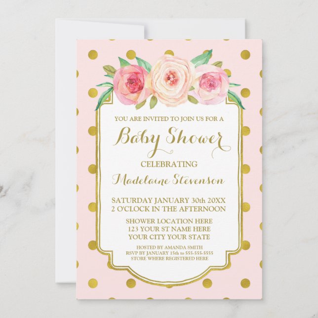 Pink Gold Dots Watercolor Floral Baby Shower Invitation (Back)