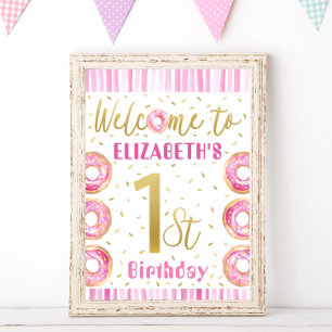 Pink & Gold Doughnut 1st Birthday Party Welcome Si Poster