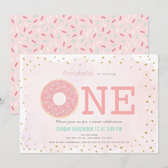 Pink & Gold Doughnut Girl 1st Birthday Invitation (Front/Back)