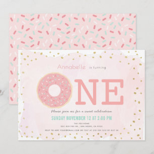 Pink & Gold Doughnut Girl 1st Birthday Invitation