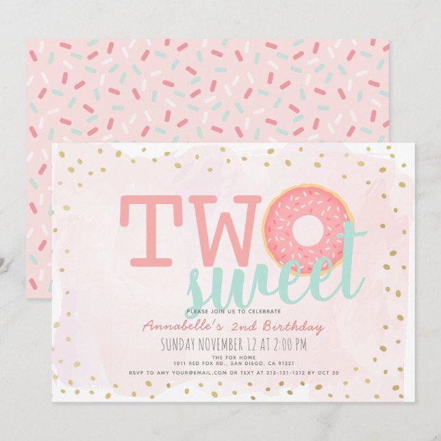Pink & Gold Doughnut Two Sweet Girl 2nd Birthday Invitation (Front/Back)
