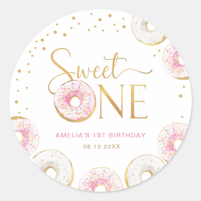 Pink Gold Doughnuts Sweet One 1st Birthday Classic Round Sticker (Front)