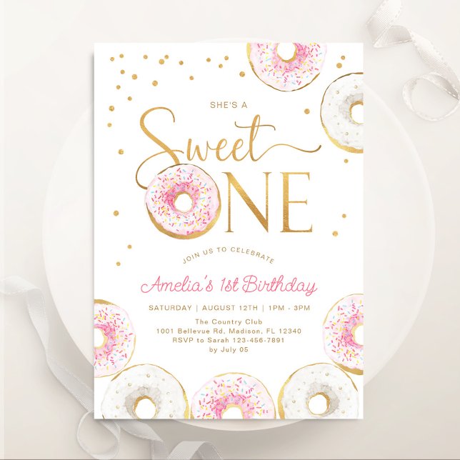 Pink Gold Doughnuts Sweet One 1st Birthday Invitation (Creator Uploaded)