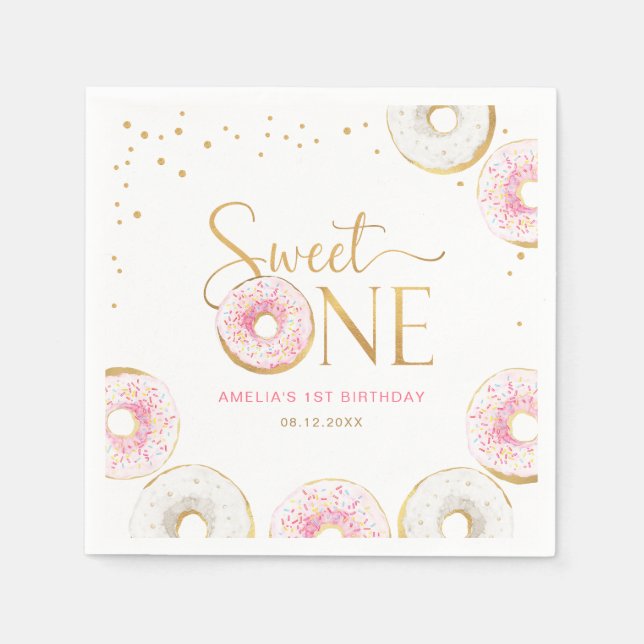 Pink Gold Doughnuts Sweet One 1st Birthday Napkin (Front)